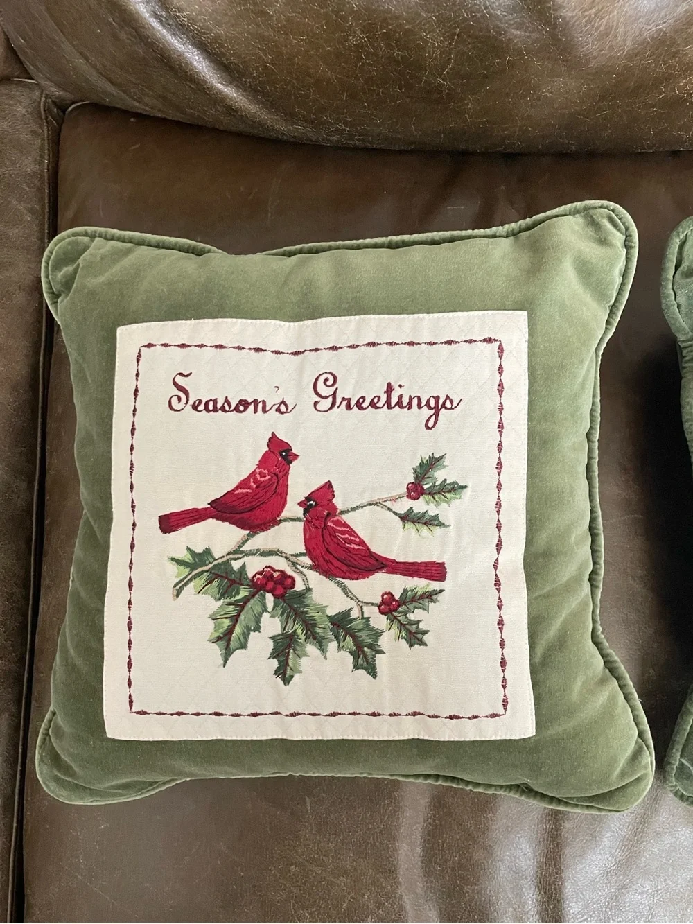 Green Velvet Green “Season’s Greeting”  Cardinal Holiday Throw Pillow 12”X12”
